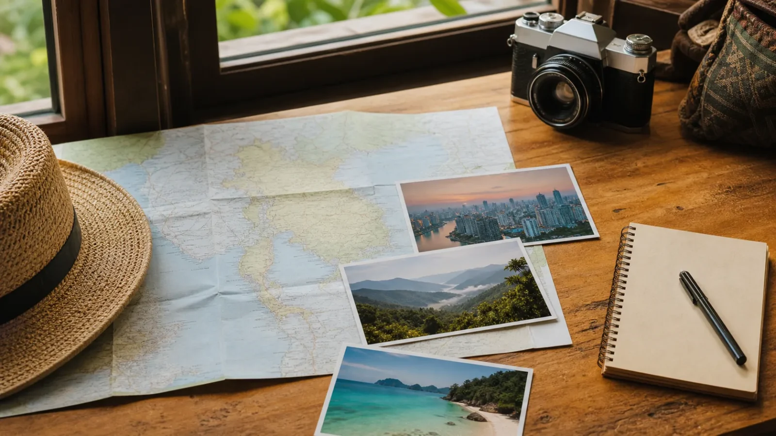 Thailand trip-planning desk with an island map, destination photographs, notebook and camera