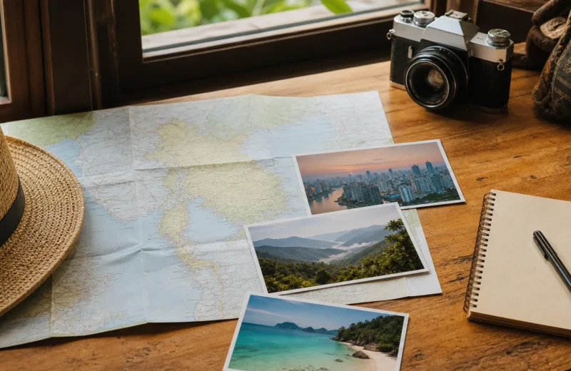 Thailand trip-planning desk with an island map, destination photographs, notebook and camera