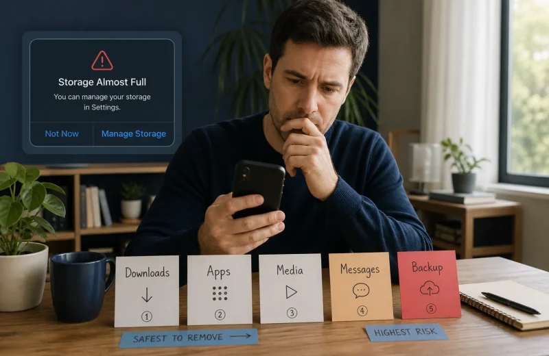 iPhone owner pausing at a storage warning while sorting downloads apps media and backups by cleanup risk