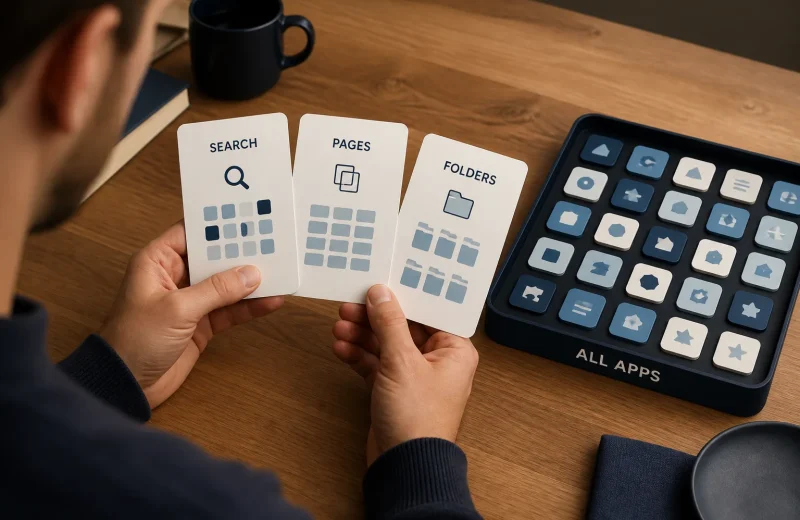 iPhone owner choosing a calm organized Home Screen layout with apps still safely available