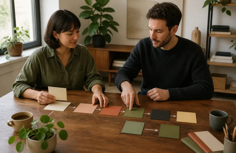 Freelancer and client arranging a clear path from essential intake to kickoff with blank cards