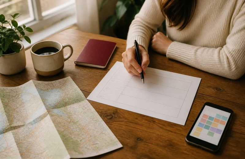 Blank travel itinerary beside a map phone coffee and colored planning cards on a calm table