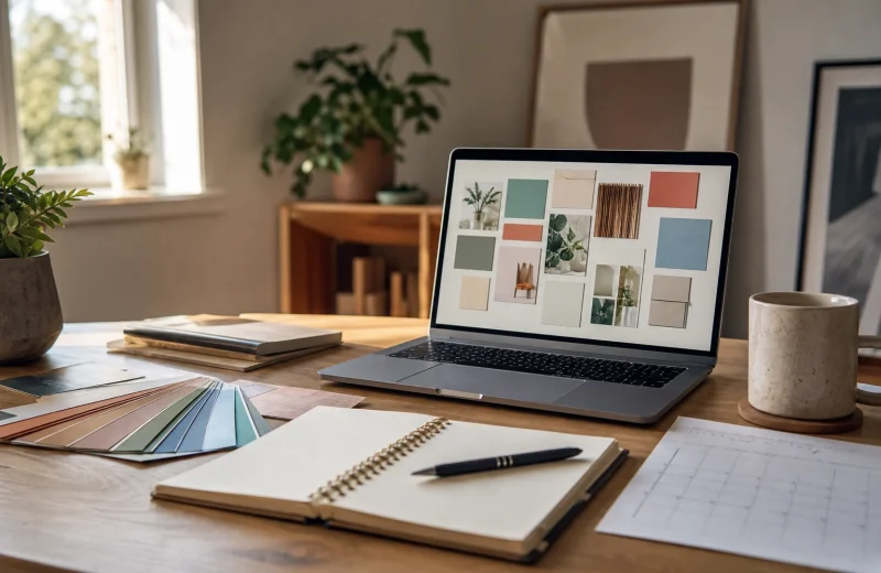 Laptop showing a visual planning board beside a notebook color cards calendar and pen on a desk