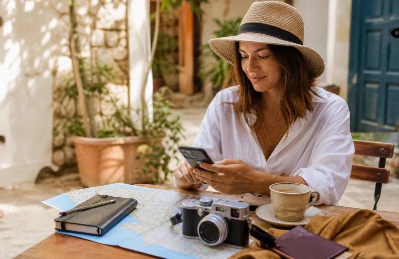 Traveler planning a trip on a phone beside a passport notebook map camera and coffee at a sunny desk