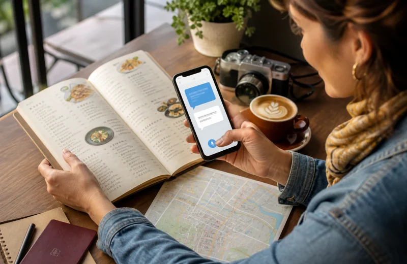 Traveler comparing a translation app on a phone beside a menu passport map and coffee