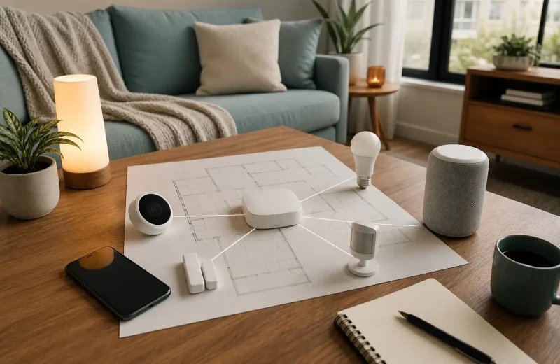 Beginner smart home planning board connecting a phone ecosystem controller lights sensors and a home floor plan