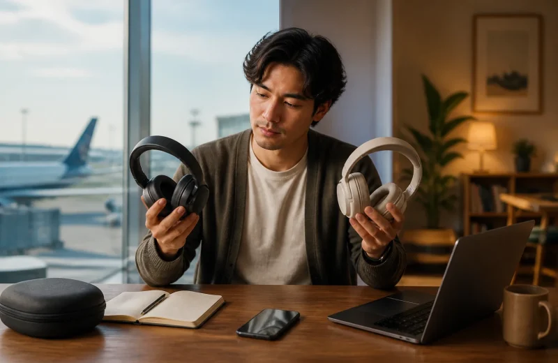 Listener comparing generic over-ear noise cancelling headphones beside a train window office desk and travel case