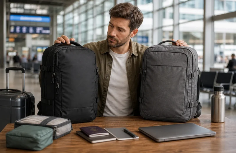 Traveler comparing generic travel backpacks beside a suitcase packing cubes passport and airport route board