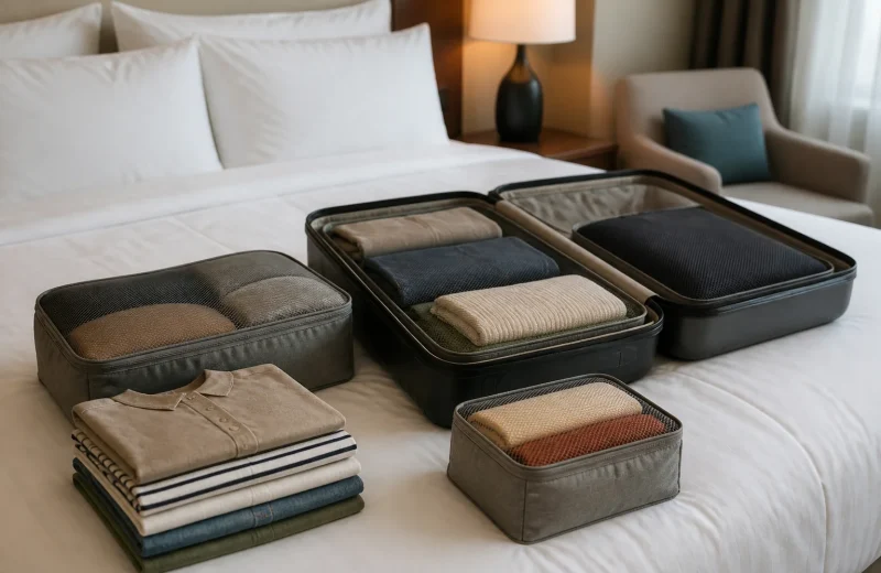 Open suitcase with colorful generic packing cubes arranged by clothing category on a hotel bed
