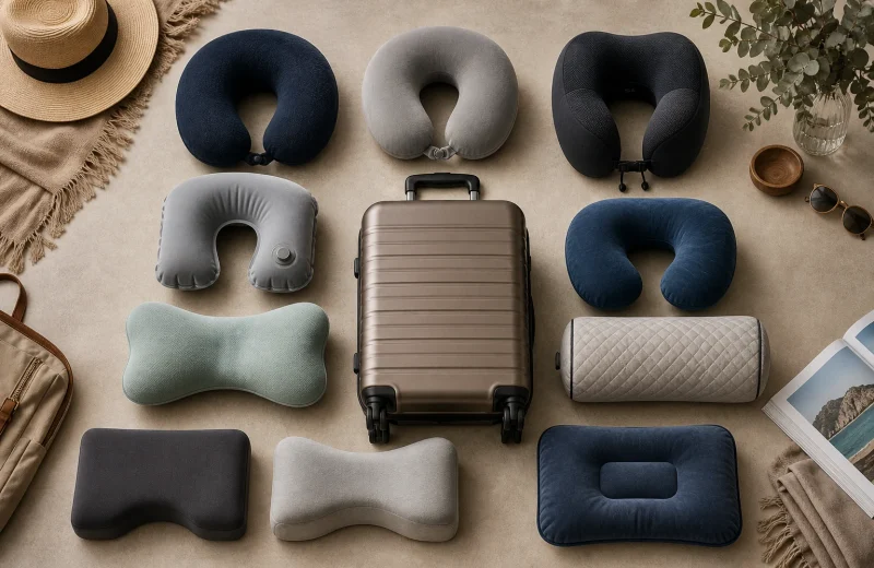 Generic travel pillows in U-shaped wrap inflatable and rectangular styles arranged on an airplane seat