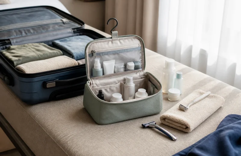 Open travel toiletry bag with bottles beside a carry-on suitcase and folded towel