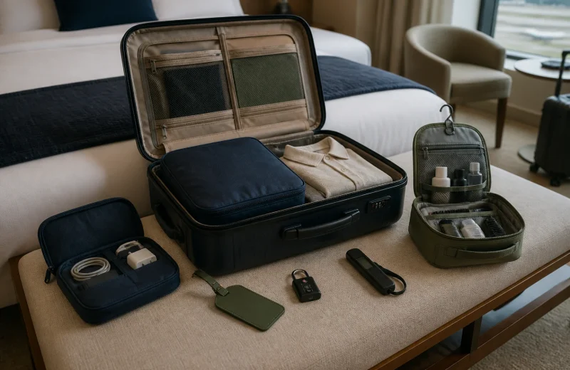 Travel accessories arranged beside an open carry-on suitcase for organized packing