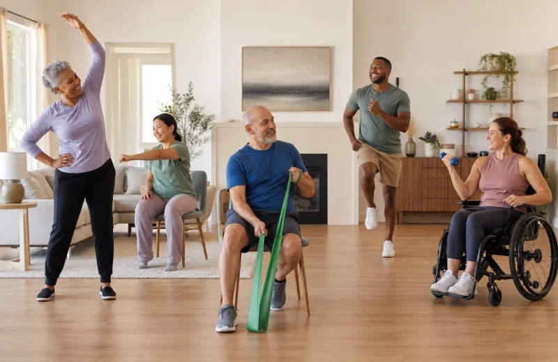 Inclusive adults choosing quiet strength seated movement and aerobic home workout formats in a clear living space
