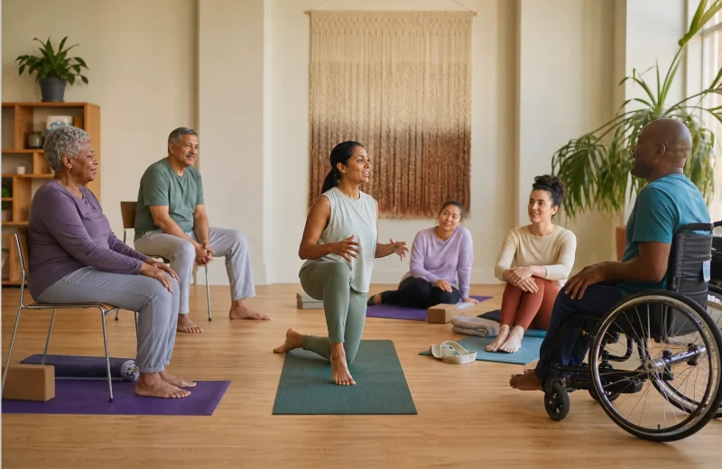 Inclusive beginner yoga class with standing seated chair and mat options led by a qualified instructor
