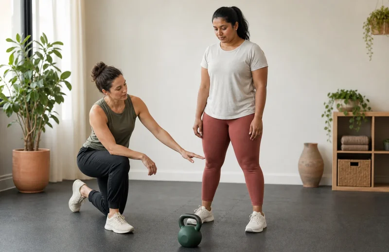 Qualified strength coach helping a diverse adult learn a controlled kettlebell setup in a clear training space