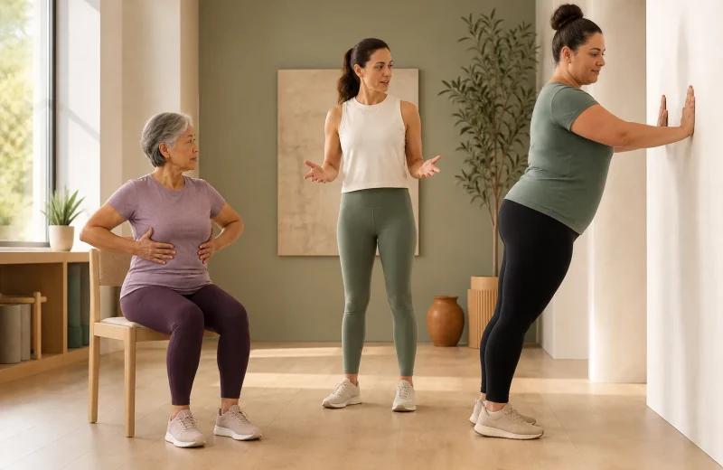 Inclusive adults comparing supported and floor core exercise options with a qualified trainer in a clear studio