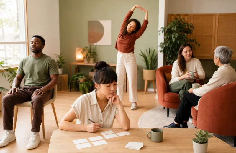Diverse adults choosing grounding planning movement and connection tools for everyday stress without forced positivity