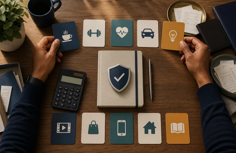 Adult reviewing ten privacy-safe spending audit cards with keep reduce replace cancel renegotiate and verify decisions