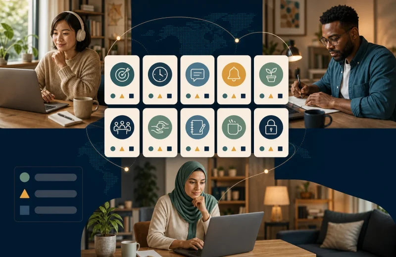 Diverse remote team using ten connected system cards for tasks availability communication meetings handoffs breaks security and shutdown