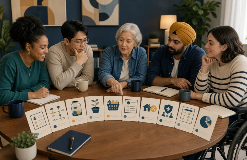 Ten financial literacy concept cards connecting pay cash flow savings interest inflation credit debt insurance tax and investment risk