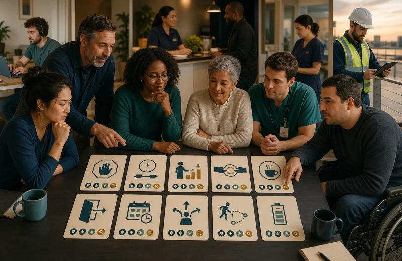 Diverse onsite shift service and remote workers reviewing ten work-life boundary cards with authority coverage exception and review markers