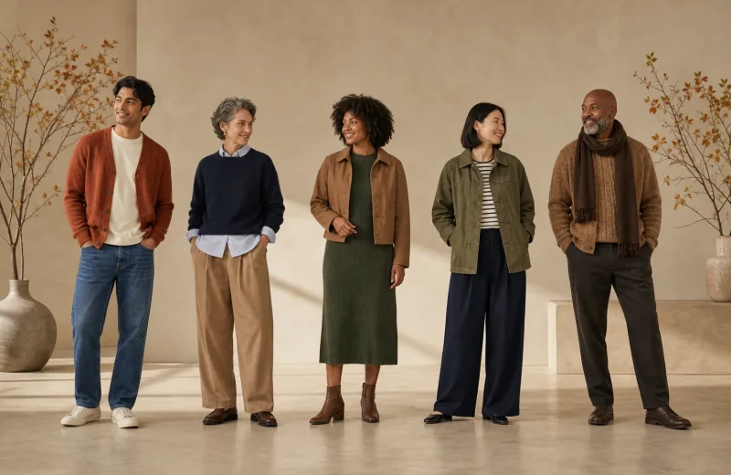 Five diverse adults wearing original layered fall outfit formulas in rust olive navy camel denim and brown on a simple autumn studio set