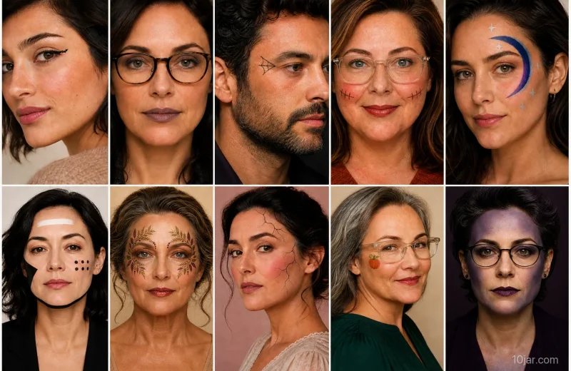 Ten adult Halloween makeup concepts progressing from a compact black bat wing to a cool violet full-face spectral gradient