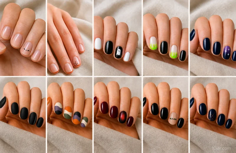 Ten original adult Halloween nail concepts arranged from a tiny three-mark black bat on a neutral ring nail to a copper corner web over deep navy