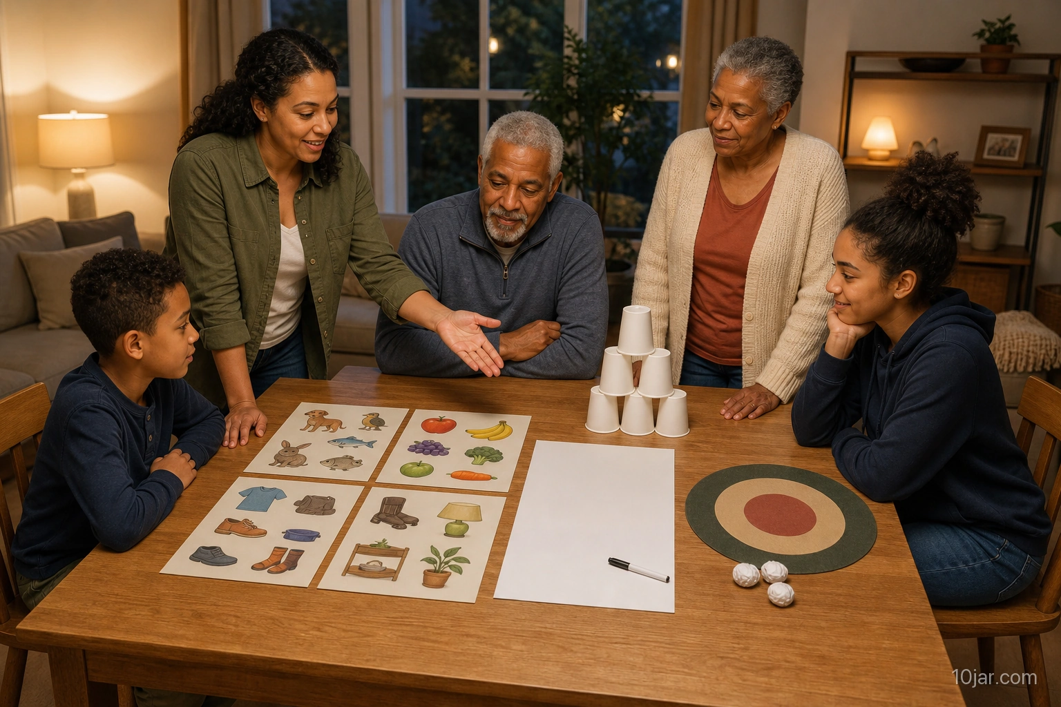 Family comparing several original game night activities with large picture cards drawing paper cups and soft paper balls