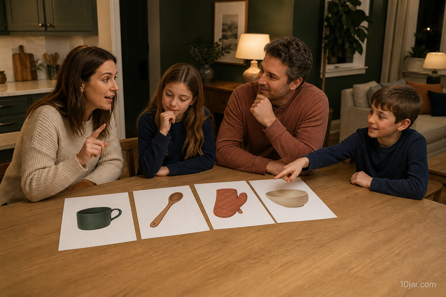 Family guessing one category from exactly four large generic picture cards at a clear table
