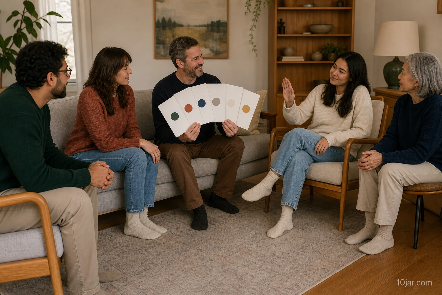 Family seated with an adult host holding six large blank household trivia sheets in a no-score round