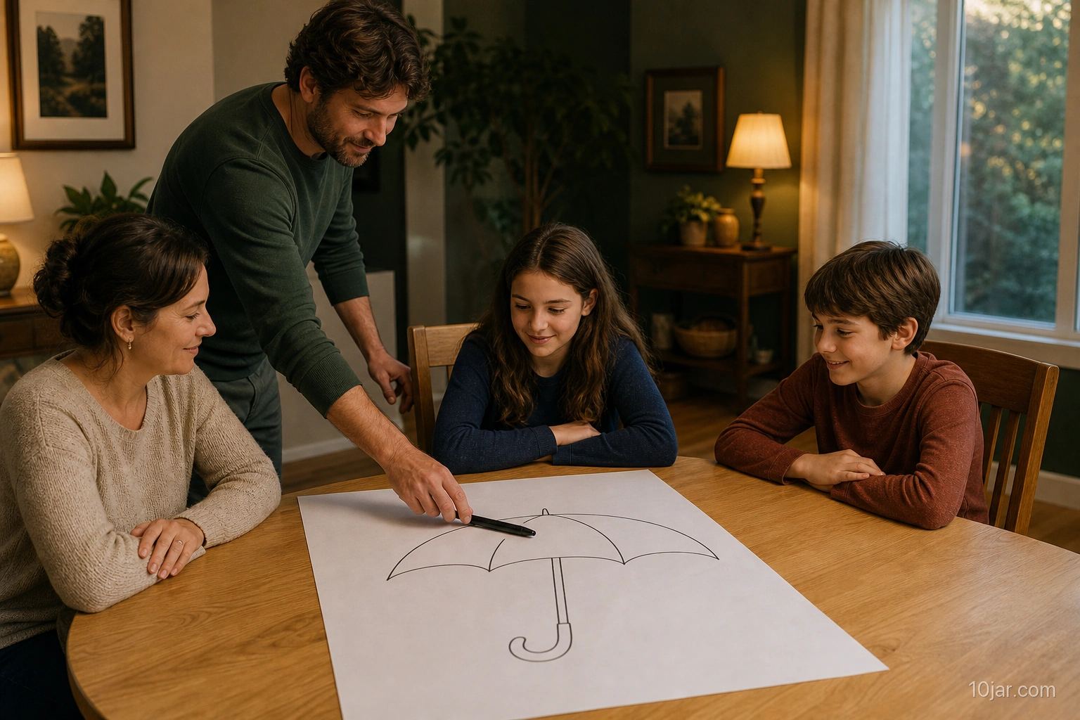 Family collaborating on a generic umbrella drawing at one fixed table with large paper and one marker