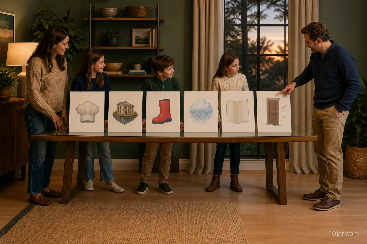Family building one whimsical story from exactly six large original picture and heading sheets