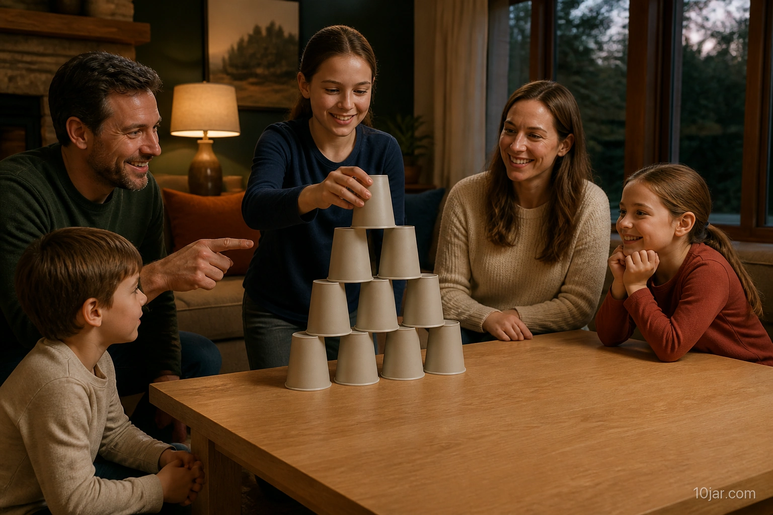 Family cooperatively building an exact ten-cup 4-3-2-1 pyramid on a stable low table