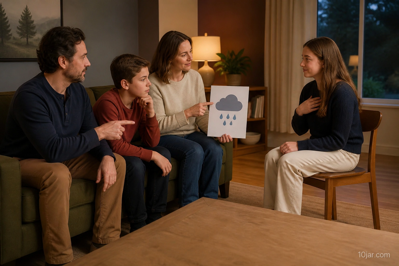 Family guessing a gentle rain sound from one large generic picture prompt at respectful distance