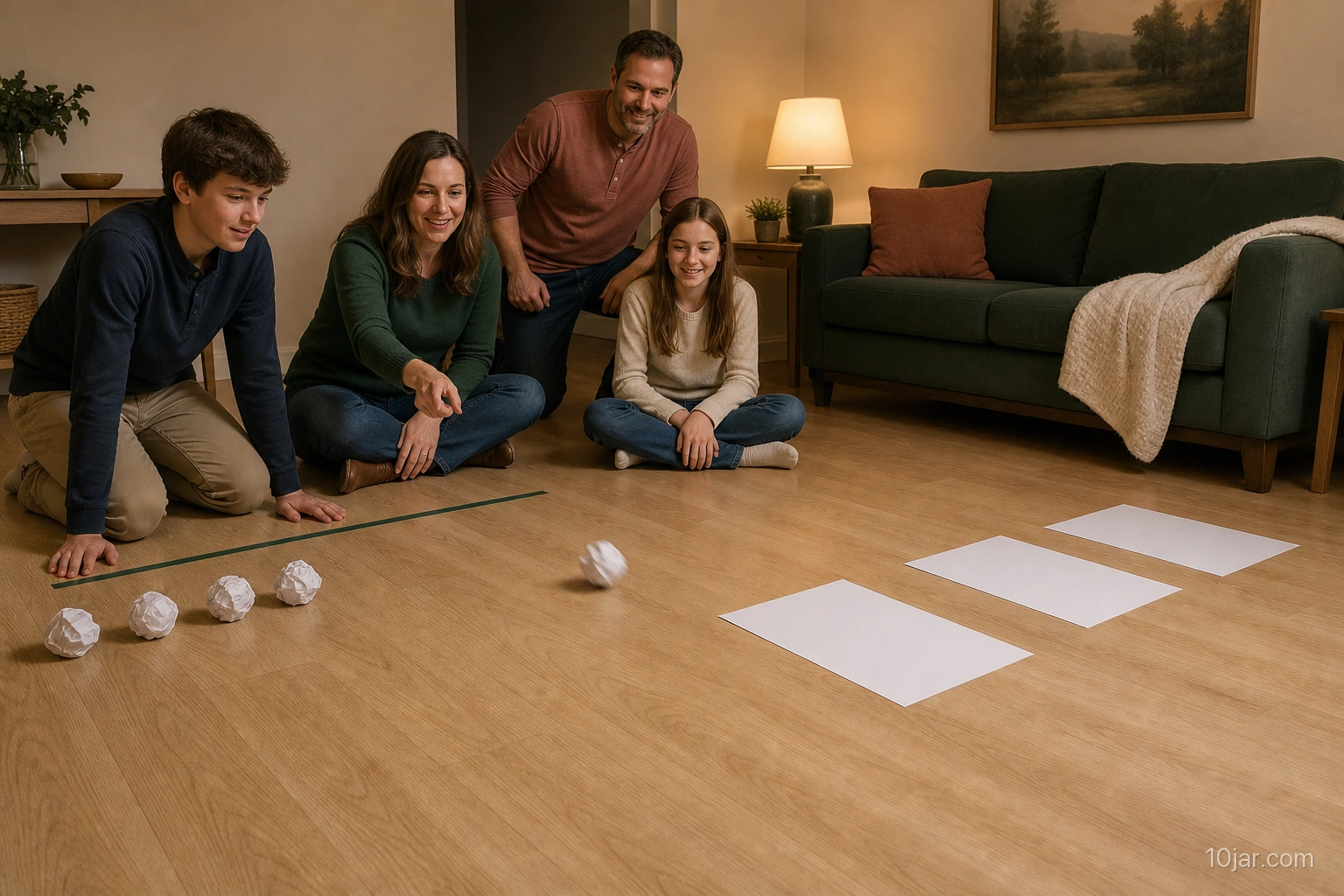 Family member rolling one of exactly five soft paper balls toward three wide flat floor targets from a fixed line