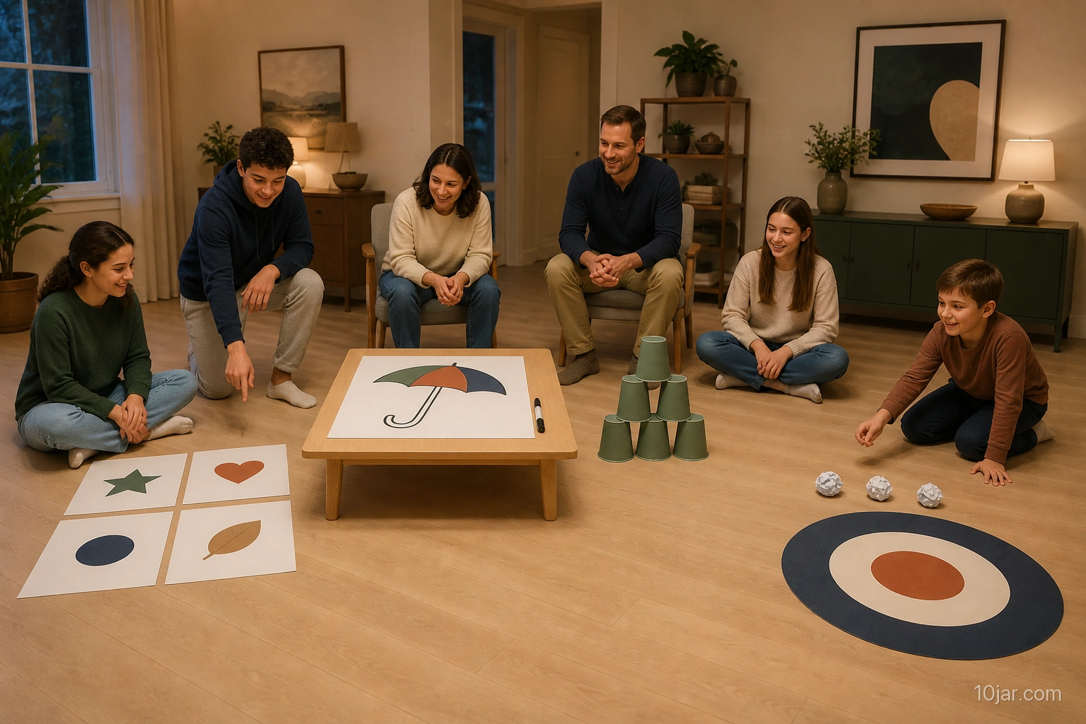 Family calmly rotating among four original game stations with large cards drawing six cups and paper-ball target