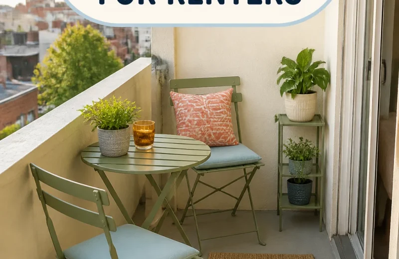 Tiny rental balcony with folding green chairs, a small table, potted plants, and the title “10 Small Balcony Ideas for Renters” in a rounded bubble.