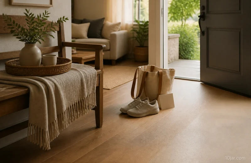 An orderly at-home tray beside a simple local-outing tote and walking shoes for two styles of staycation