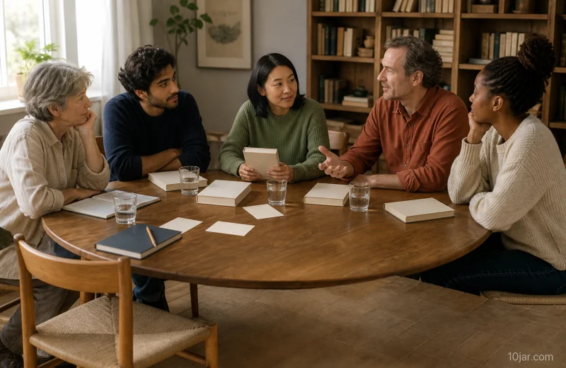 Five adults around a round table with blank-cover books, neutral prompt cards, notebooks, and one open seat in a calm book club setting
