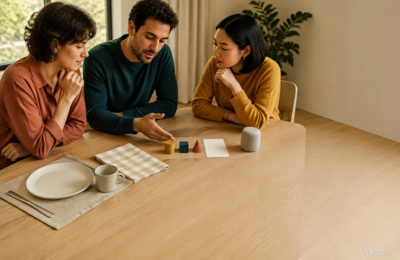 Adults comparing visual cues for birthday party ideas for adults at an uncluttered table with a place setting, picnic cloth, game pieces, photo card, and small speaker