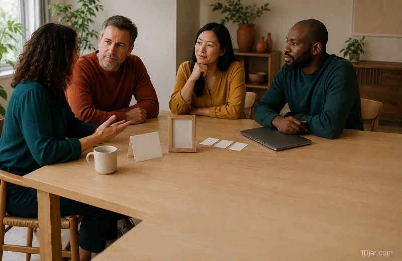 Adults comparing visual cues for retirement party ideas at an uncluttered table with a coffee cup, blank card, photo frame, timeline cards, and closed laptop