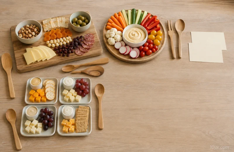 Three charcuterie board ideas compared on a stable table with plain platters, low bowls, serving utensils, blank source cards, and clear lower-right space