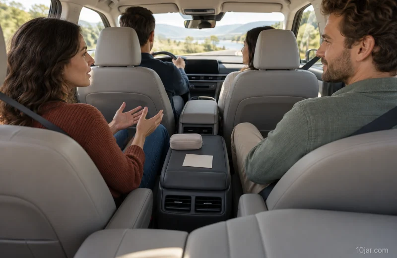 Three seated passengers beginning calm road trip games while a forward-facing driver remains outside play and blank materials stay in the rear
