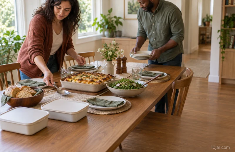 Sunday dinner ideas arranged on a home table with an oven dish, cold side, serving path, and containers ready for leftovers