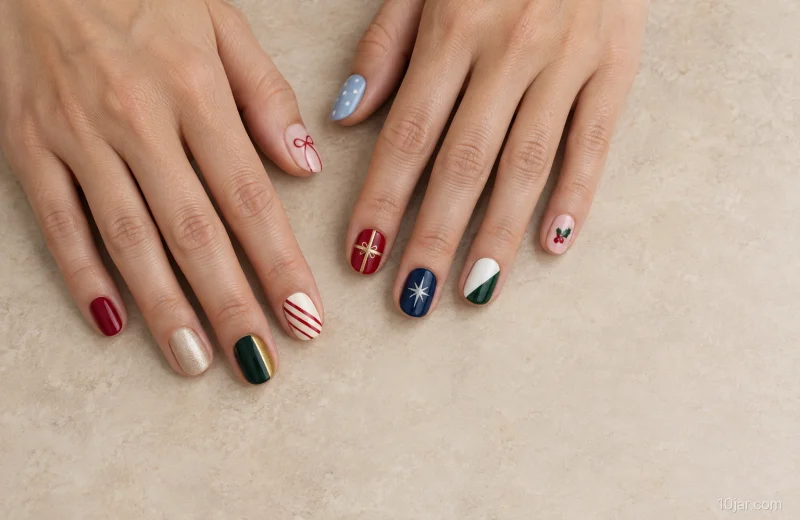 Two natural adult hands with alternating cranberry and pale champagne nails plus one evergreen side accent per hand