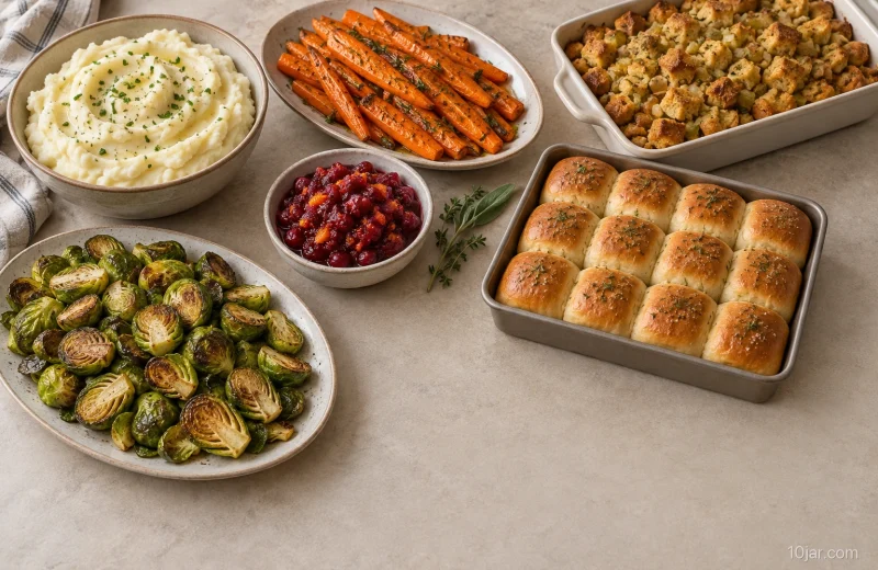 A table arranged with mashed potatoes, roasted carrots, cranberry relish, stuffing, Brussels sprouts, and dinner rolls