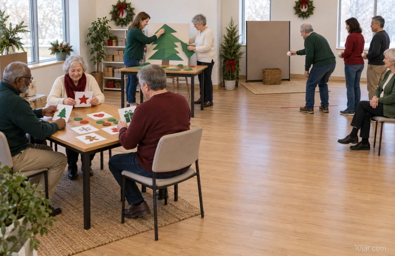 Christmas party games area with adults choosing seated icon cards, a paper-tree table, or a soft-ball basket station