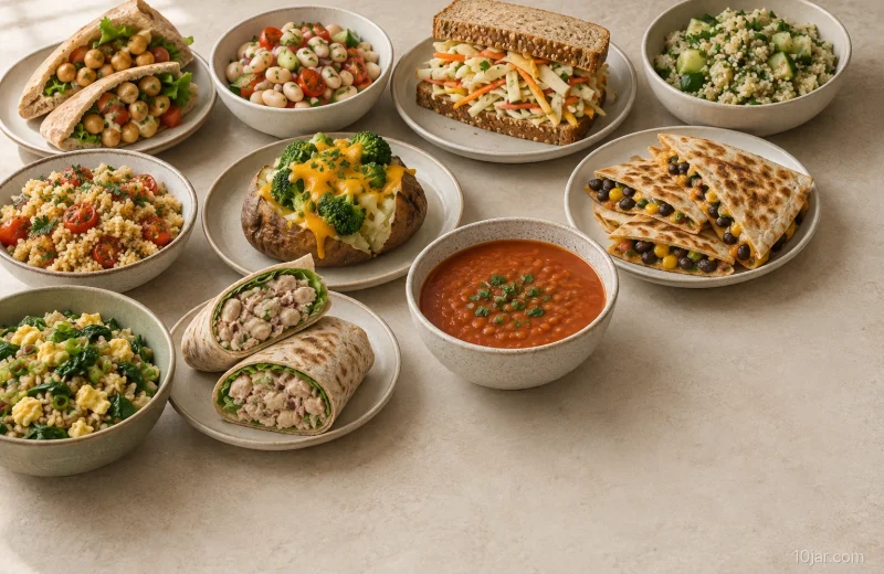 Ten lunch dishes arranged in plain bowls and plates, including pitas, salads, quesadillas, rice, potato, wrap, and soup