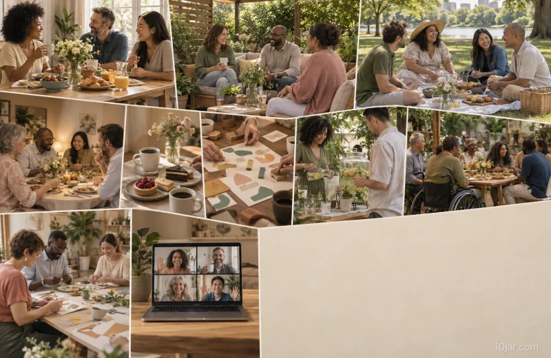 Ten engagement party settings arranged as a visual comparison from home brunch and picnic to restaurant dinner and remote toast